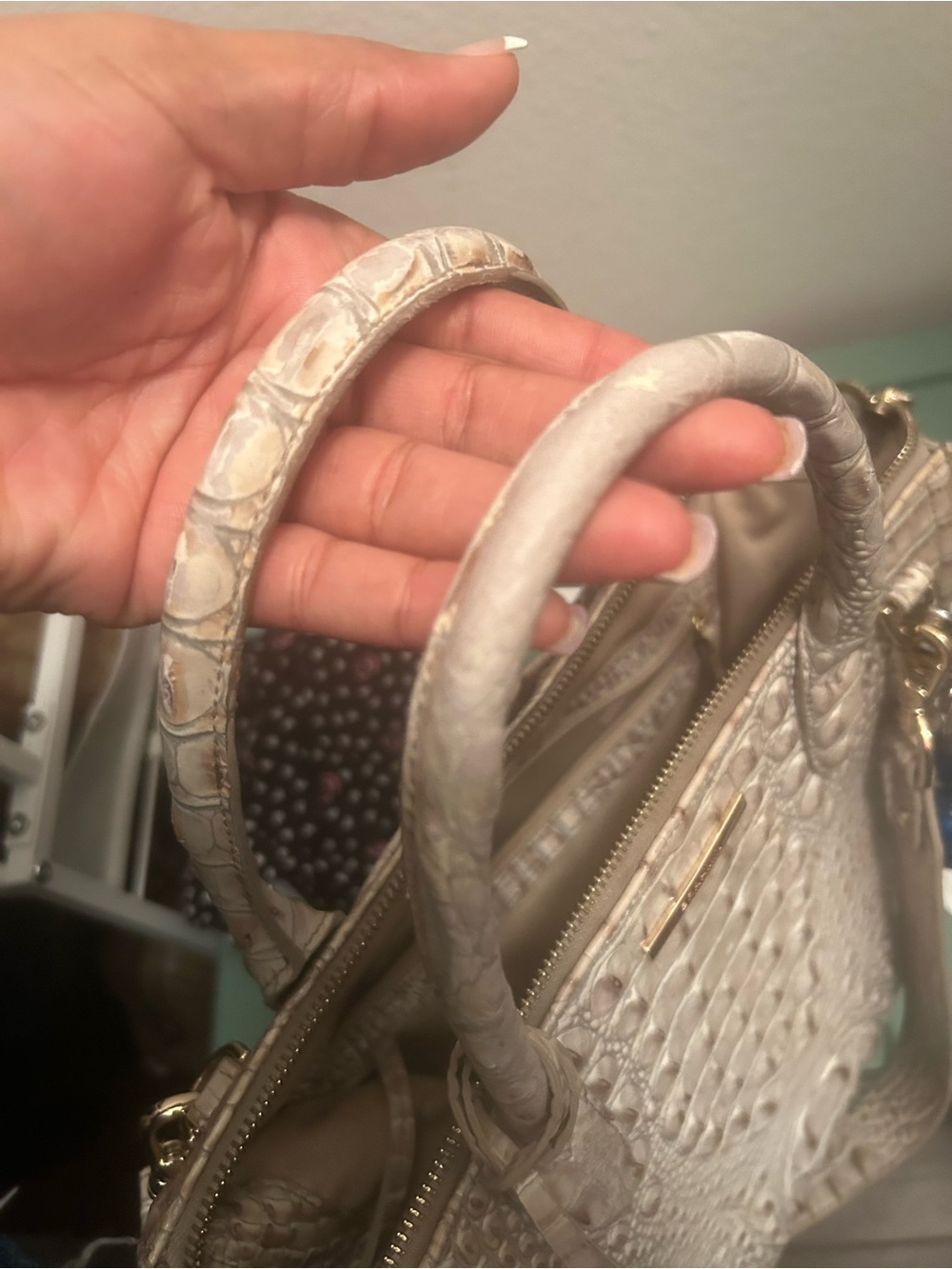 Brahmin Croc-Embossed Satchel in Light Taupe and Cream